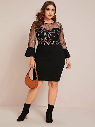 Vestido Negro Ajustado Con Mangas Talla Grande Vg 94