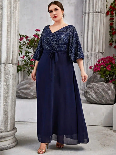 Vestido Fiesta Largo Matrimonio Bordado Talla Grande  Ep 435 Azul L