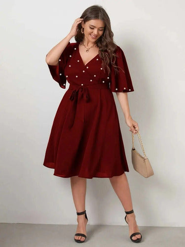 Vestido Fiesta Talla Grande Gasa Con Perlas Manga Vg 100