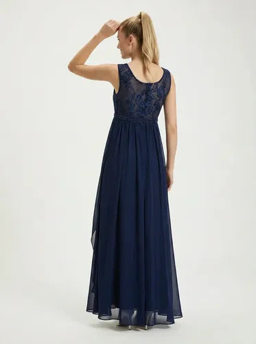 Vestido largo azul gasa con transparencia