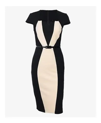 Vestido Negro Con Beige Oficina Bodycon Va 293 Multicolor Xl