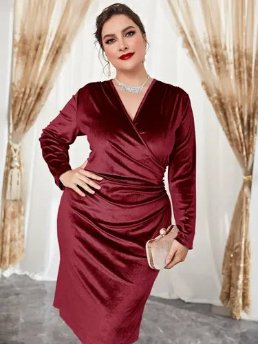 Vestido Fiesta Cuello Cruzado Talla Grande Manga Vg 103 Bordó 4xl