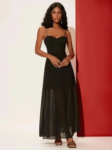 Vestido Fiesta Gasa Forrado Abertura Piernas Va 563 Negro S