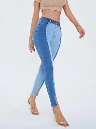 Jeans Mujer Bicolor Pitillo Elasticado Tiro Alto Js 01  Azul S