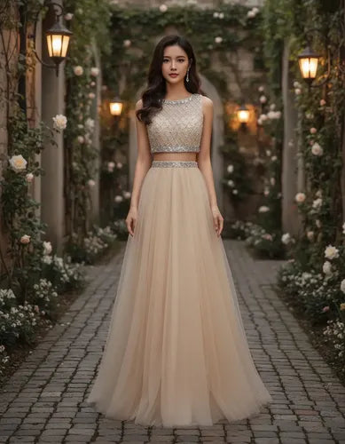 Vestido Graduación Crop Top Falda Ep 309 Beige 4