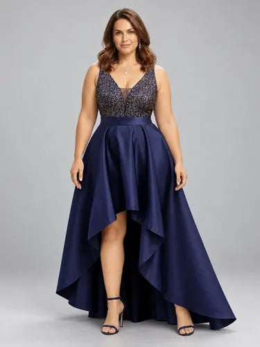 Vestido largo de fiesta azul en satín con lentejuelas