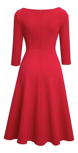 Vestido midi rojo retro acampanado swing manga 3/4