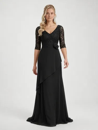 Vestido largo negro de gasa y encaje escote V