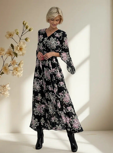 Vestido Largo Gasa Con Flores Vintage Femenino Vd 117