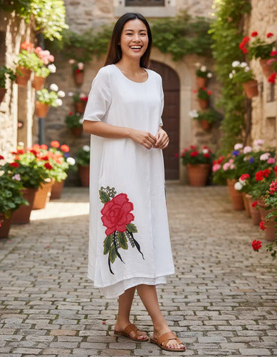 Vestido Blanco Flor Roja  Vd 50 Blanco L