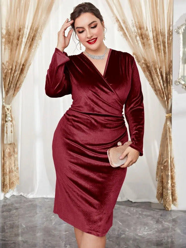 Vestido Fiesta Cuello Cruzado Talla Grande Manga Vg 103 Bordó 4xl