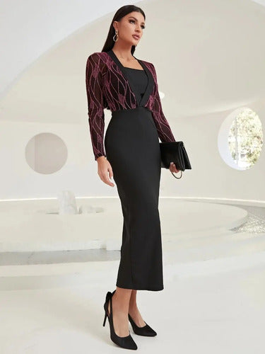 Vestido Ajustado Con Brillos Cuello Cuadrado Mangas Va 492