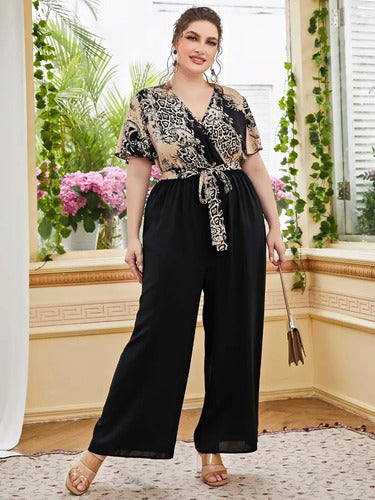 Entero Jumpsuit Talla Grande Escote Cruzado Cinturón Vg 203
