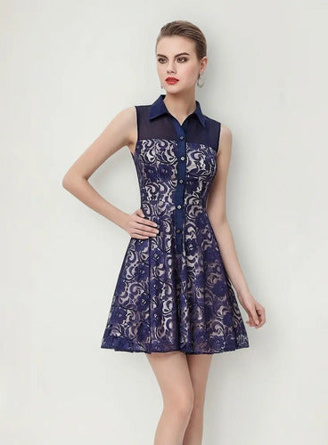 Vestido Encaje Forrado Ep 45c Azul Acero 6