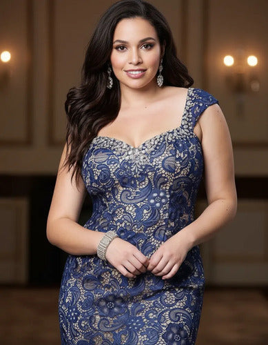 Vestido Fiesta Talla Grande Azul Encaje Vg 77