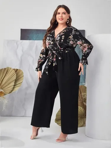 Entero Palazzo Jumpsuit Talla Grande Con Cinturón Vg 201 Negro 4xl