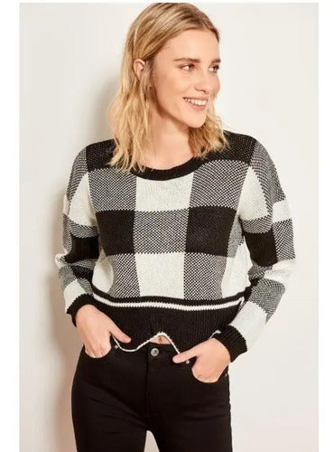 Suéter Corto Mujer Hombros Caídos Blanconegro Sweater Td 36 Blanco L