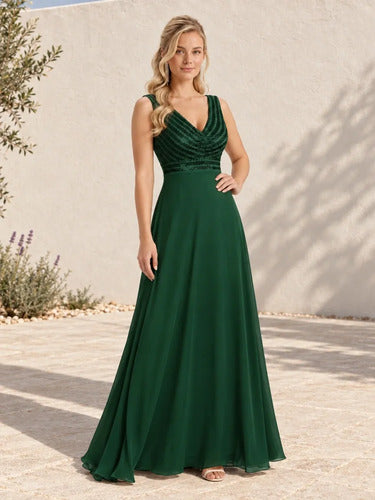 Vestido largo dorado y verde lentejuelas escote V