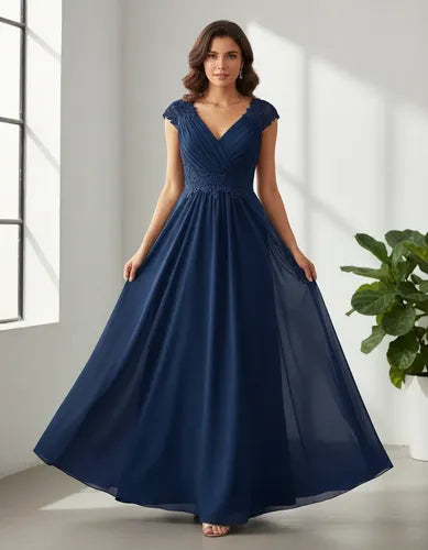 Vestido largo azul de gasa escote V corte princesa
