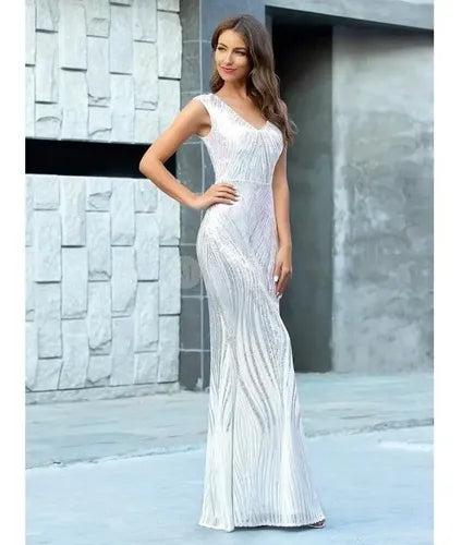 Vestido Fiesta  Largo Lentejuelas Ep 182 Blanco 10