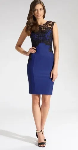 Vestido Azul Encaje Negro Formal Ajustado Va 552 Azul L