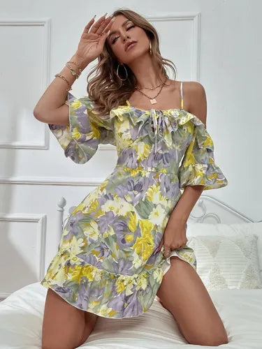 Vestido Hombros Descubiertos Estampado Floral  Vd 97