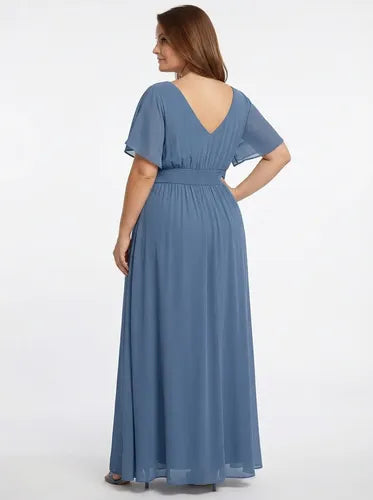 Vestido largo de fiesta evasé en gasa con manga corta