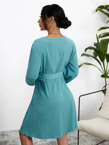 Vestido Con Cinturón Manga Larga Vintage Va 519 Turquesa M