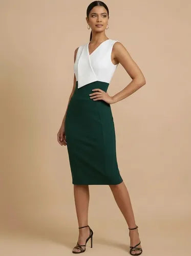 Vestido midi multicolor corte tubo sin mangas escote V