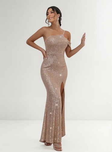 Vestido Fiesta Lentejuelas Ajustado Con Abertura Vl 47 Beige L