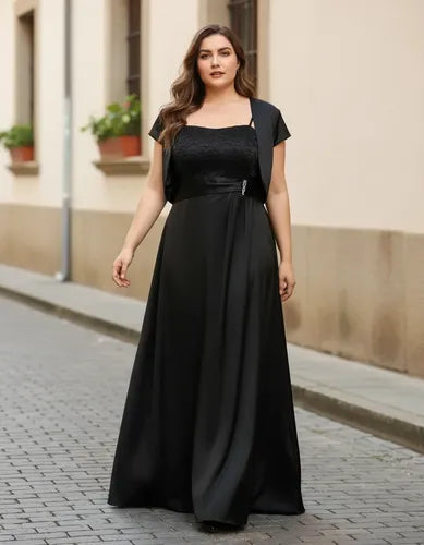 Vestido largo negro con bolero talla grande de fiesta