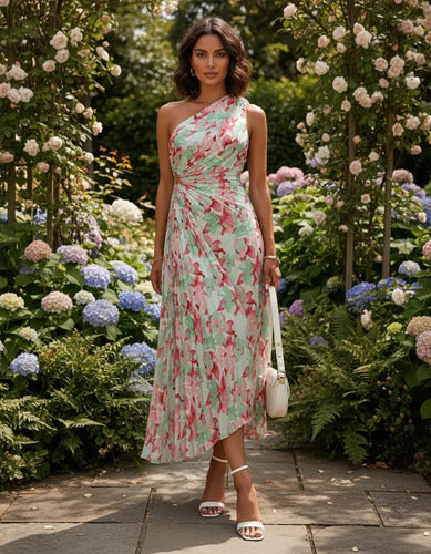 Vestido largo plisado asimétrico strapless