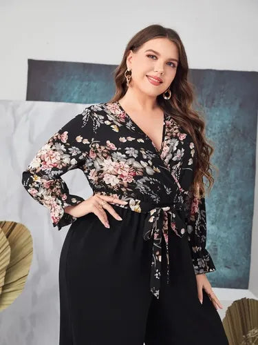 Entero Palazzo Jumpsuit Talla Grande Con Cinturón Vg 201 Negro 4xl