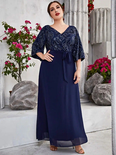 Vestido Fiesta Largo Matrimonio Bordado Talla Grande  Ep 435 Azul L