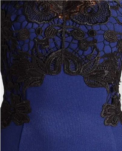 Vestido Azul Encaje Negro Formal Ajustado Va 552 Azul L