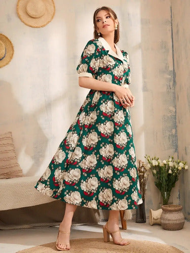 Vestido Largo Estampado Romántico Va 573 Verde Xl