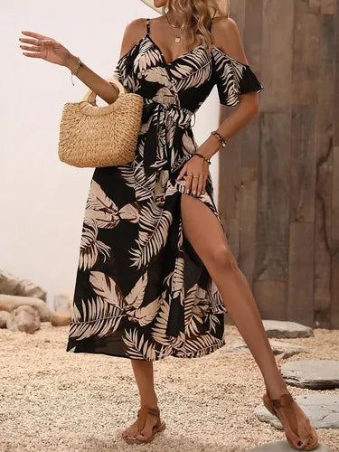 Vestido Bohemio Estampado Tropical Hombro Descubierto Vd 111 Negro S