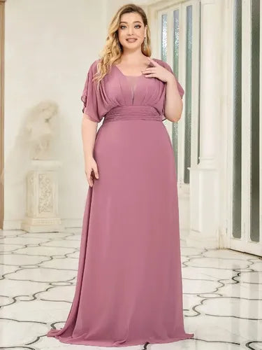 Vestido Fiesta Largo Gasa Talla Grande Manga  Ep 189