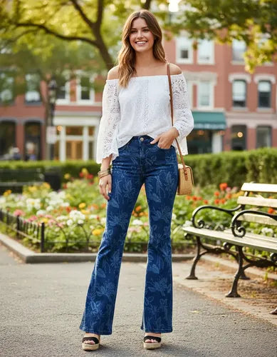 Jeans azul de pierna ancha con estampado para mujer