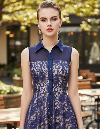Vestido Encaje Forrado Ep 45c Azul Acero 6