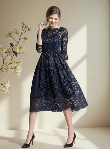 Vestido midi azul encaje manga 3/4 evasé