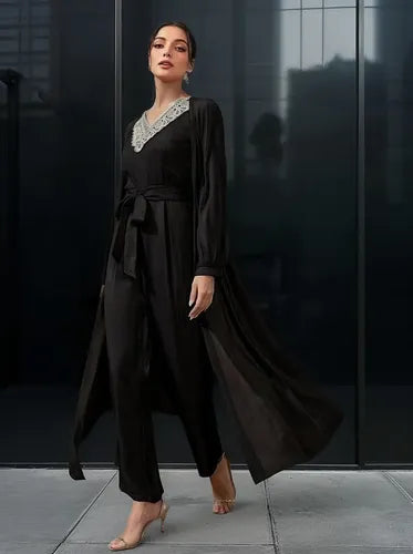 Entero Jumpsuit Mono Fiesta Mangas Cinturón El 86 Negro M