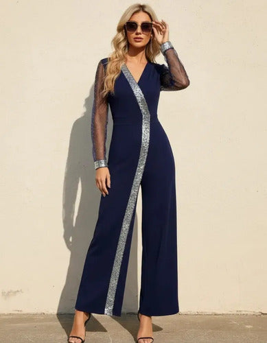Mono de lentejuelas azul y negro con manga larga, una pieza de gala con pantalón