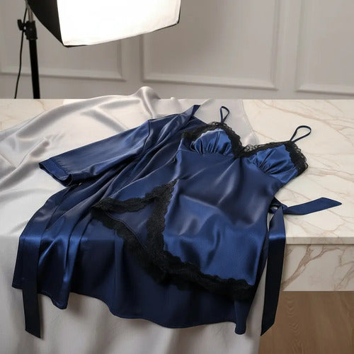 Camisón Y Bata Satín Lencería Set De Pijama Babydolls Pj 14 Azul M