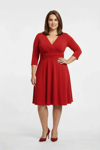 Vestido corto rojo manga 3/4 escote V evasé