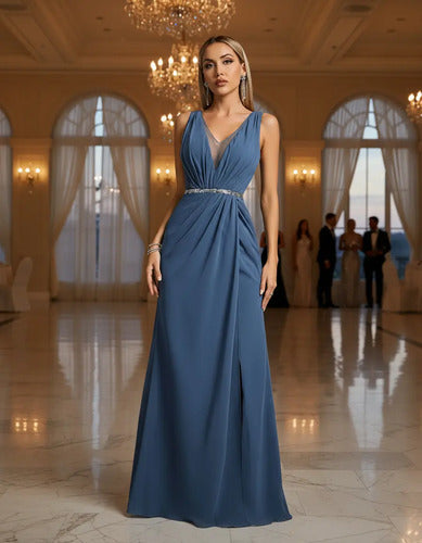 Vestido Largo Mujer Fiesta Escote V Abertura Alta Ep 237 Azul L
