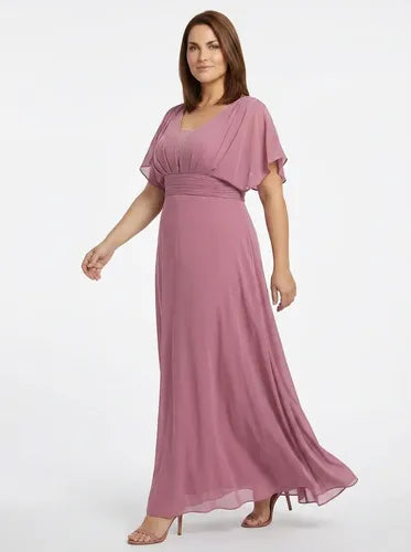Vestido largo de fiesta evasé en gasa con manga corta