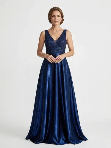 Vestido largo lentejuelas azul escote V satén