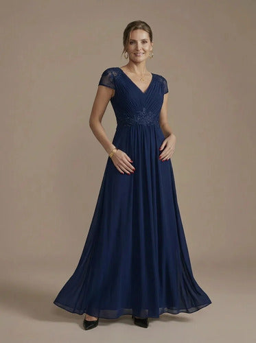 Vestido largo azul de gasa escote V corte princesa