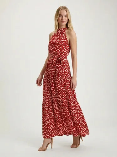 Vestido largo rojo floral halter con cinturón